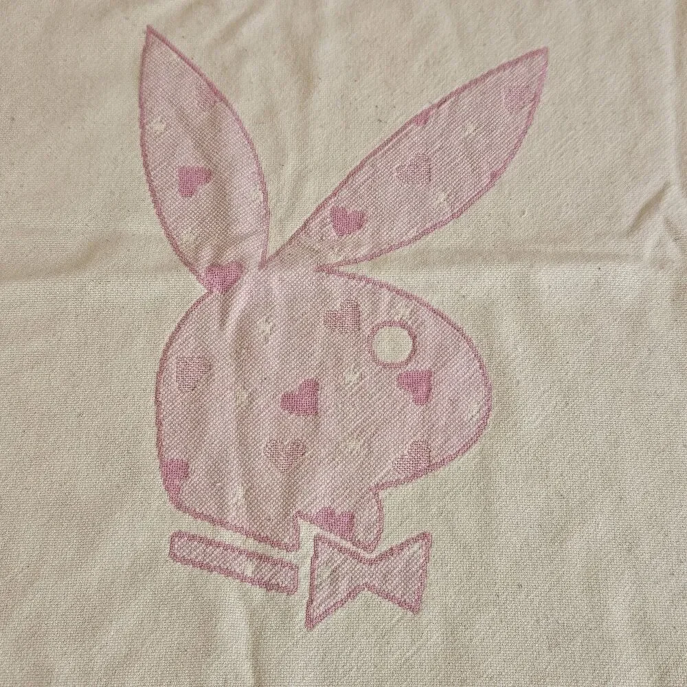 Vintage 2004 Playboy Bunny Reversible Throw Blanket Pink Cream Y2K Fringe